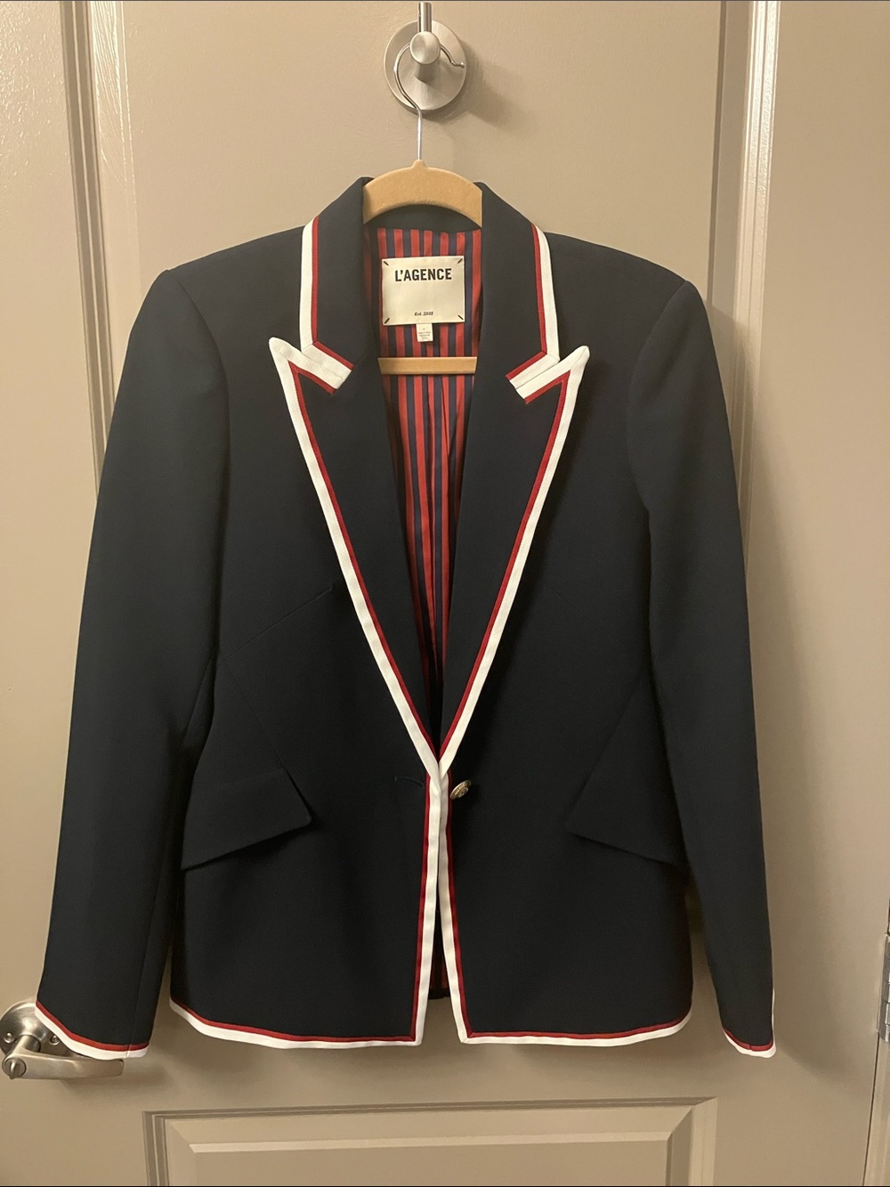 L'AGENCE Navy Blazer with White and Red Trim